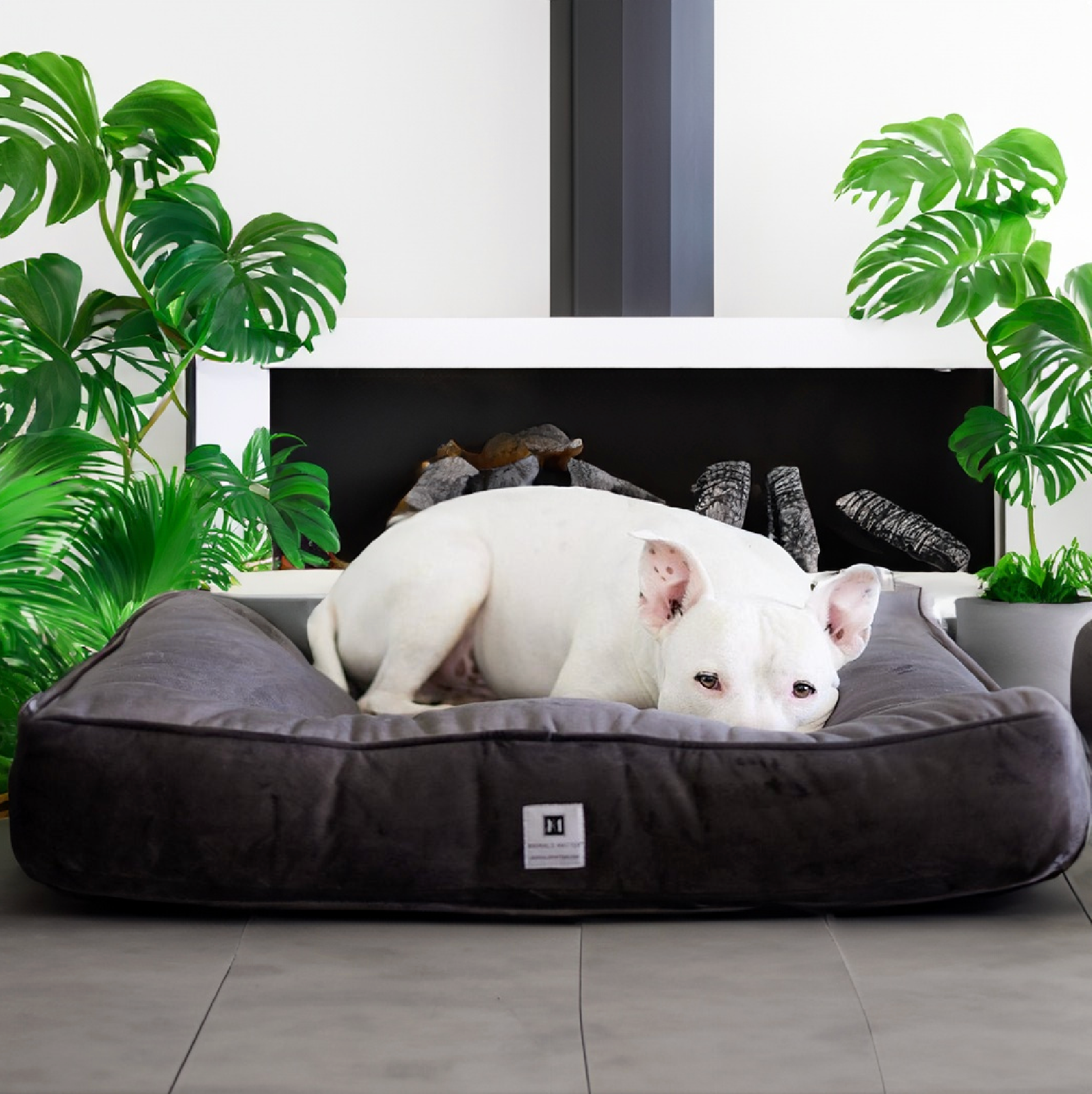 Hudson in the Animals Matter Ali Jewel Square Orthopedic Dog Bed.