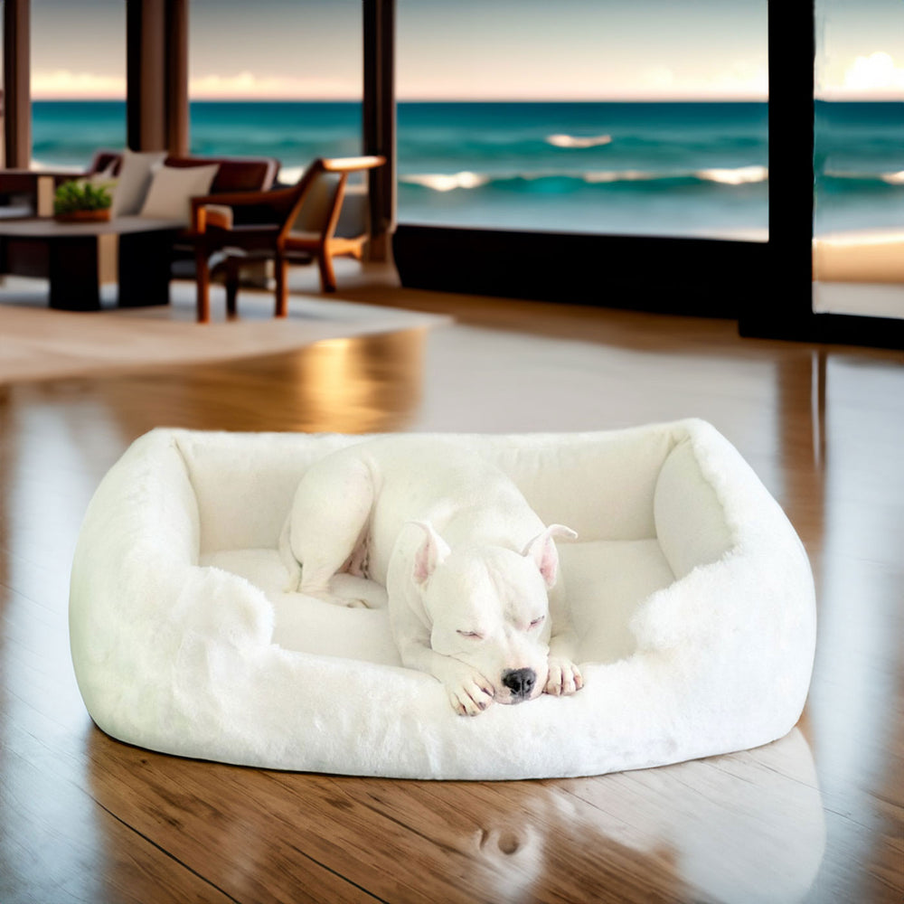 White dog lying on THE NEW: Ruby Puff® Ortho Lounger Companion-Pedic® Luxury Dog Bed - Animals Matter, Inc. in a modern room with an ocean view.