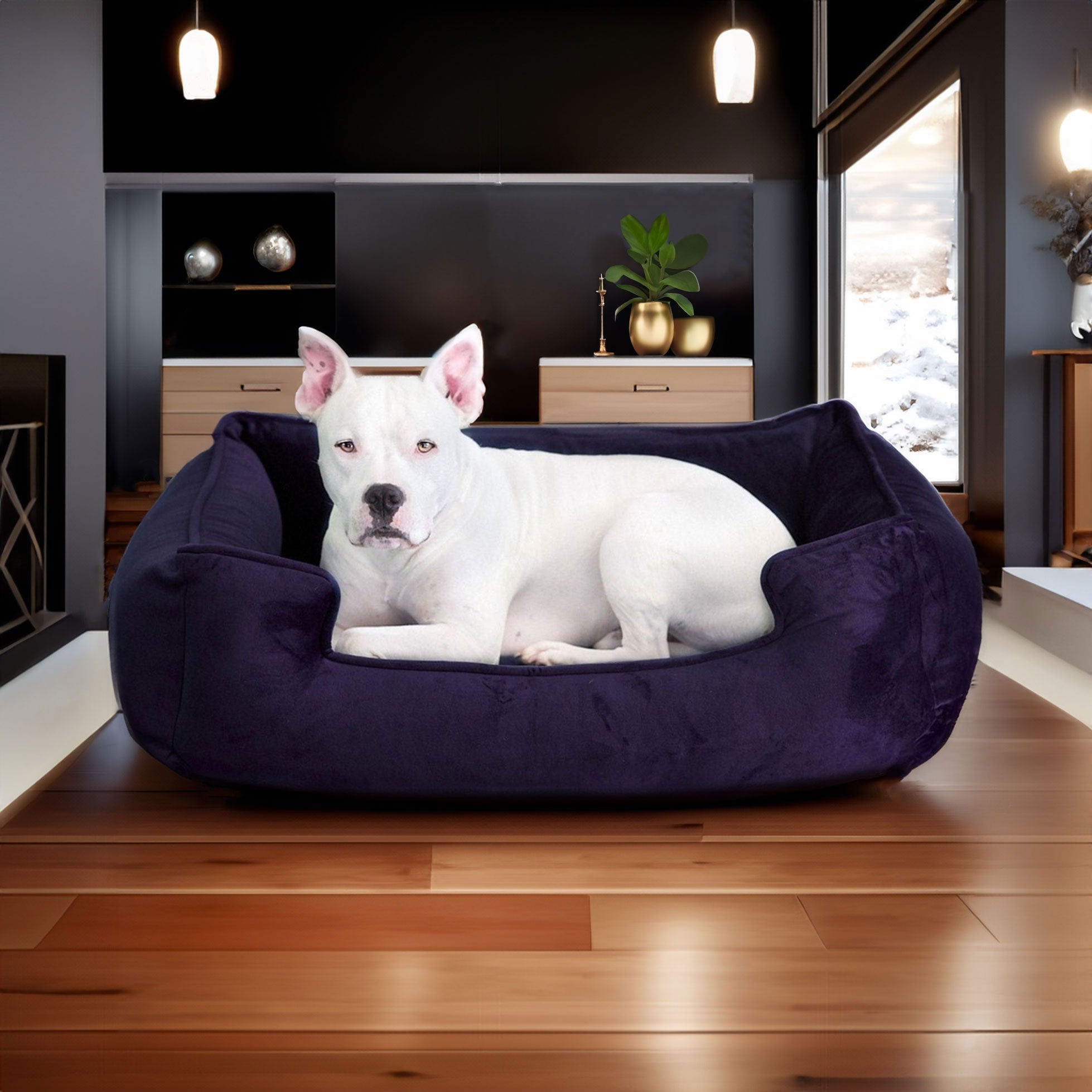 hudson laying on the Ali Jewel Ortho Lounger® Companion-Pedic® Luxury Dog Bed, amethyst purple  