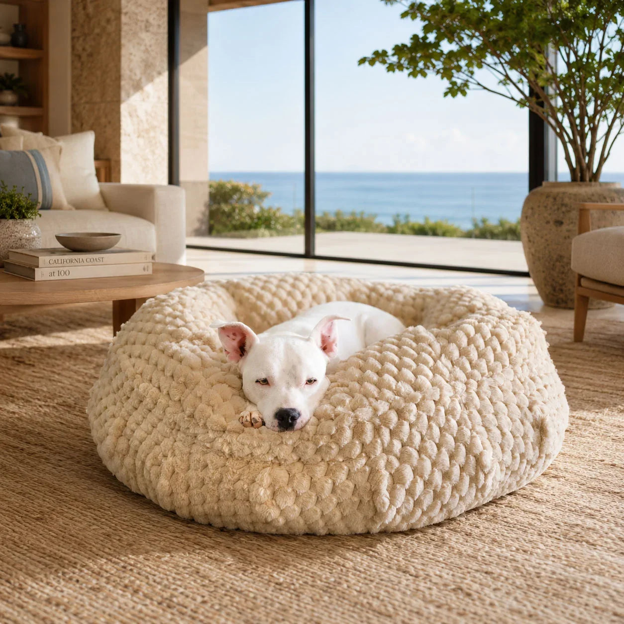 Katie Ortho Puff® Encore™ luxury dog bed in Camel, a bolstered nest silhouette that gives a dog a secure place of their own