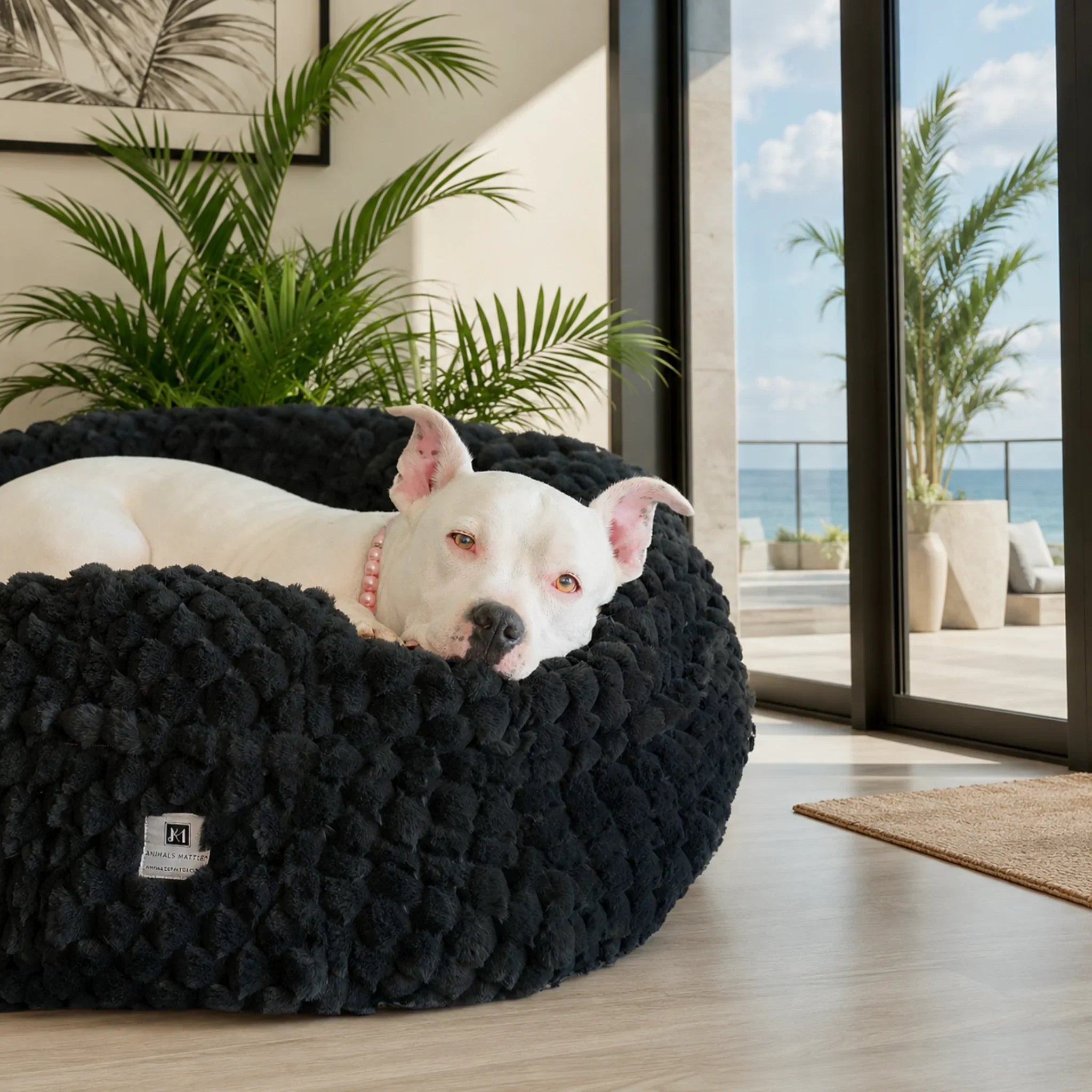 Katie Ortho Puff® Encore™ luxury dog bed in Charcoal, an enclosed nest that helps an anxious dog feel gently surrounded