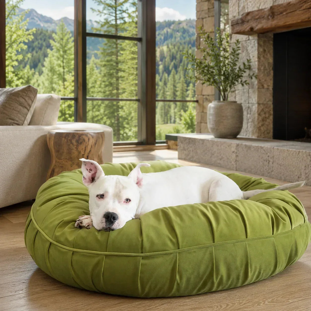 Companion curled into the bolster of a calming L.A. Dog Company Ali Donut luxury donut dog bed.
