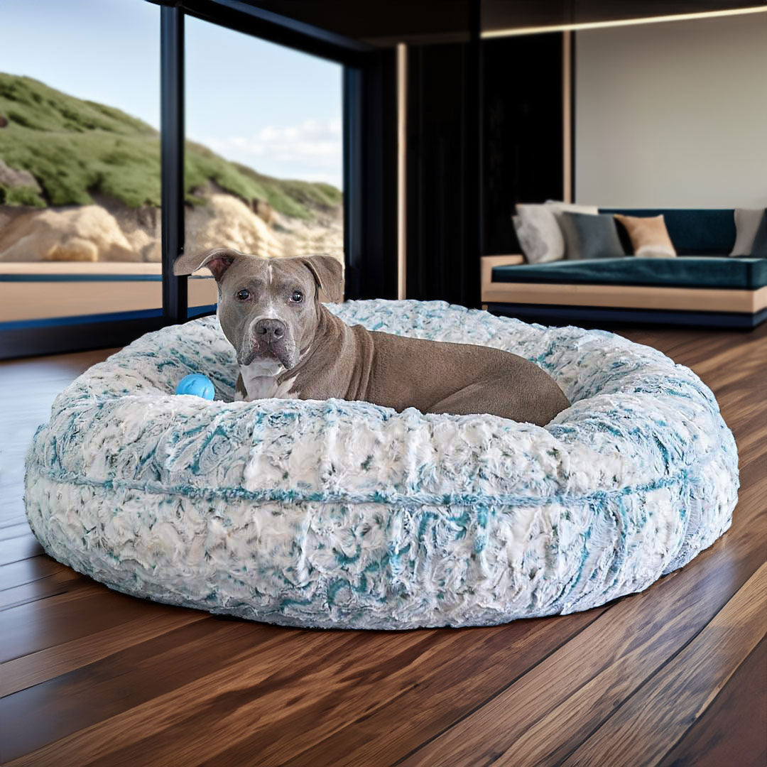 Raine relaxing on her LA Dog Company® Pearl Leopard Donut