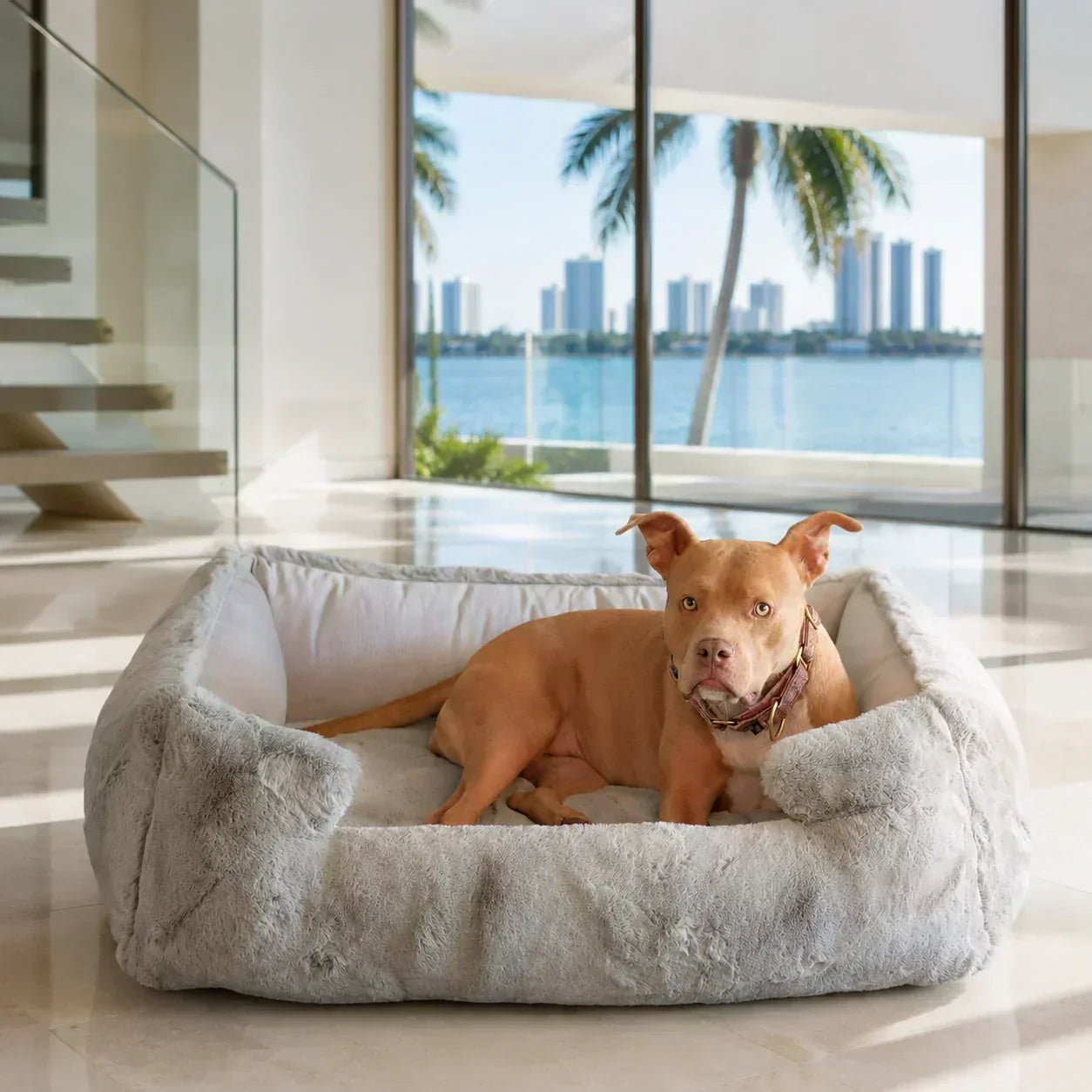 Animals Matter Ruby Puff Ortho Lounger luxury dog sofa bed in a Miami waterfront home, with a tan dog resting against the bolster