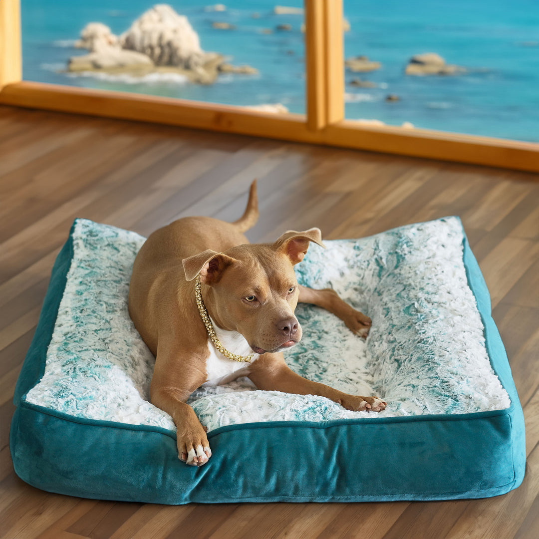 Roxy layong down on her LA Dog Company® Pearl Leopard® Ortho Square™ Companion-Pedic® Luxury Dog Bed