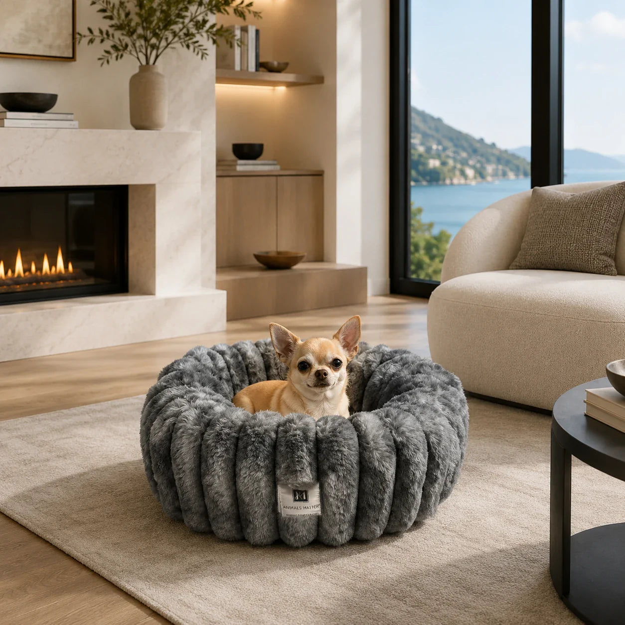 Small dog curled asleep in the Graphite Puffette™ low-profile nesting dog bed in a home office