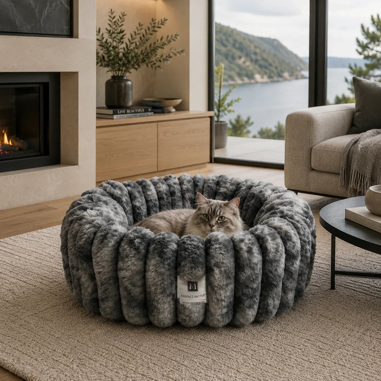 Longhaired cat curled in the Graphite Puffette™ plush luxury pet bed beside a fireplace