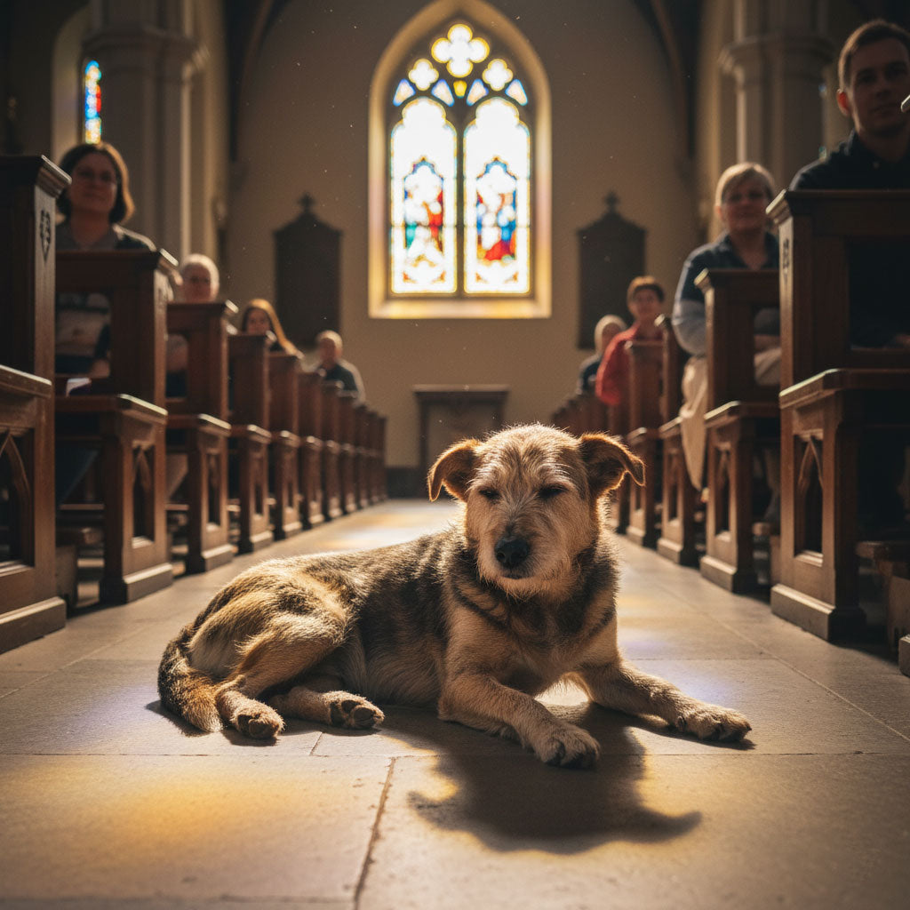 A dog sits quietly in the center aisle, listening to the sermon with soft eyes and a steady heart. The congregation can’t help but smile, a small moment of joy shared by everyone in the room.