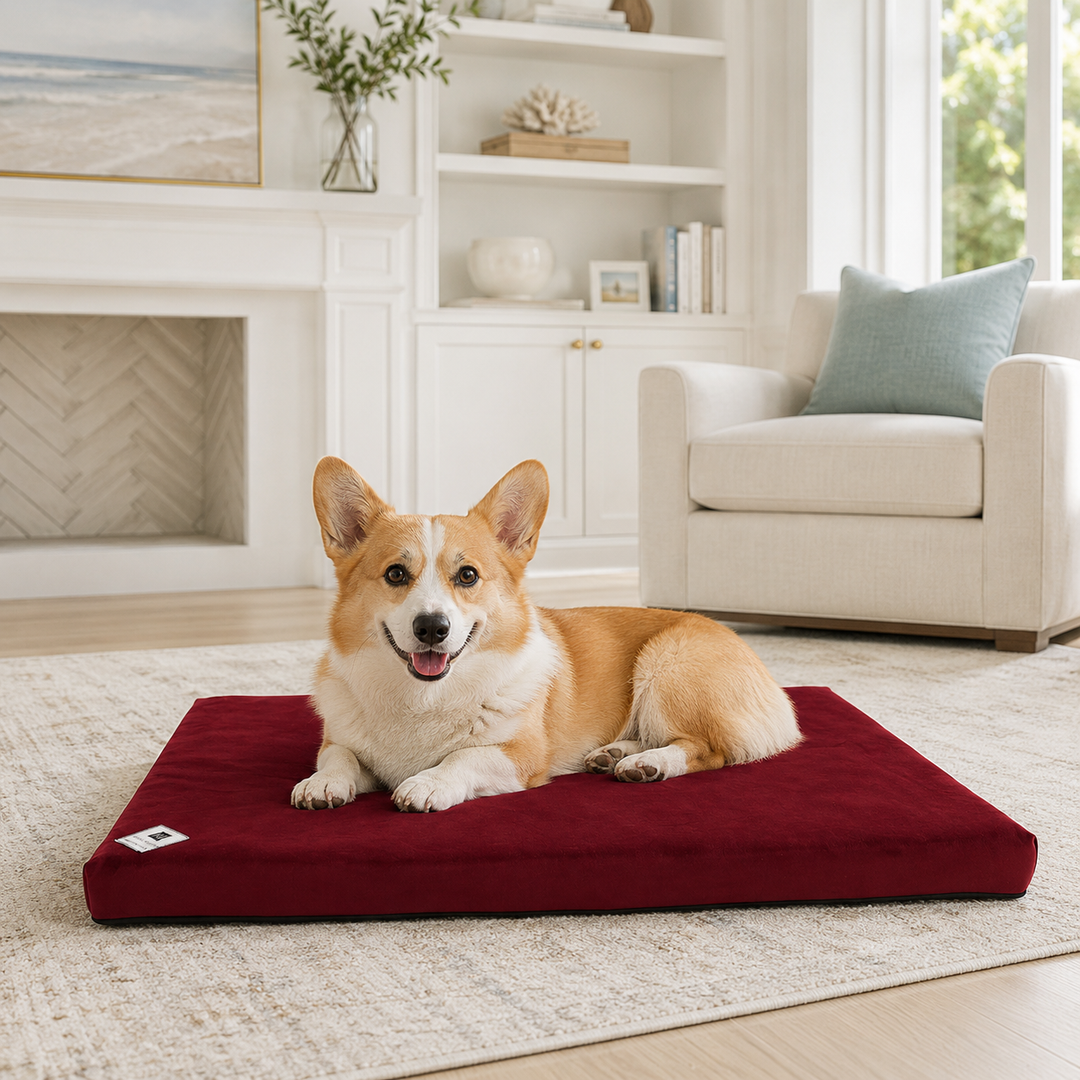 Animals Matter Ali Jewel Waterproof Companion-Pedic Latex Crate Pad waterproof orthopedic dog crate pad in red, featuring a corgi on the cushion in a bright living room.