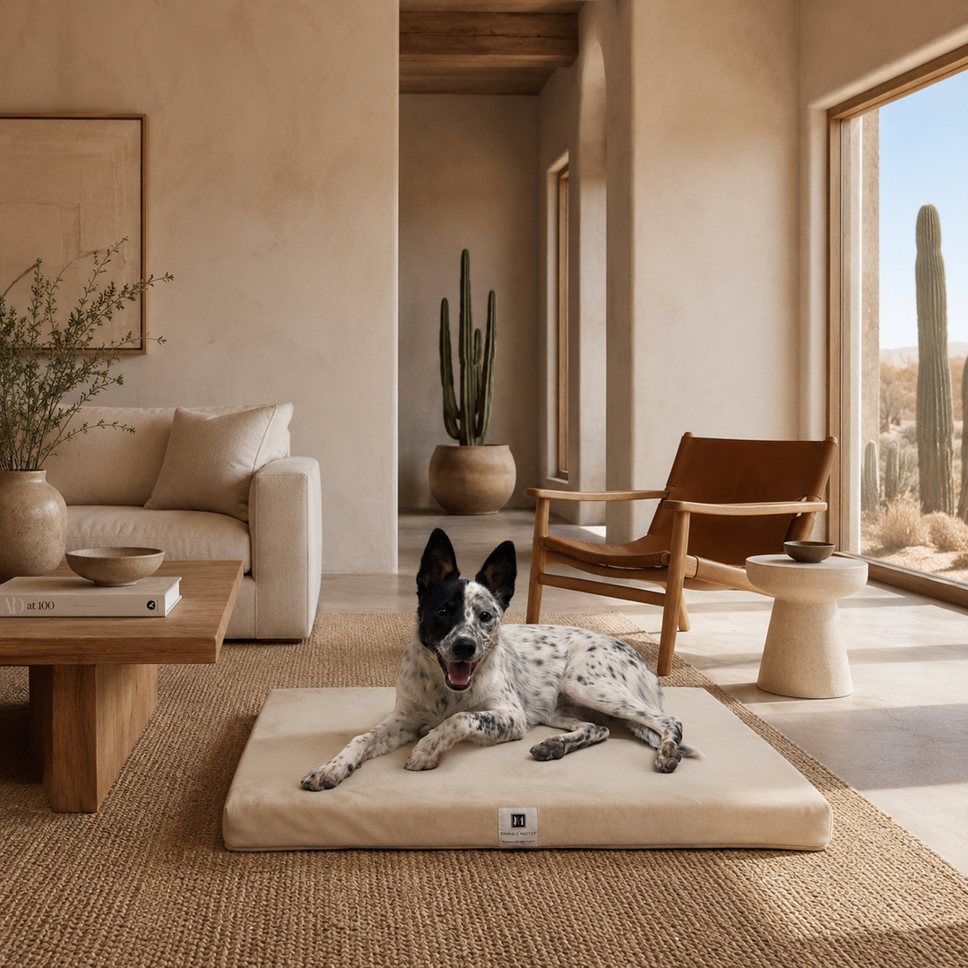 Animals Matter Ali Jewel Waterproof Companion-Pedic Latex Crate Pad waterproof orthopedic dog crate pad in camel, featuring a spotted dog in a desert modern living room.