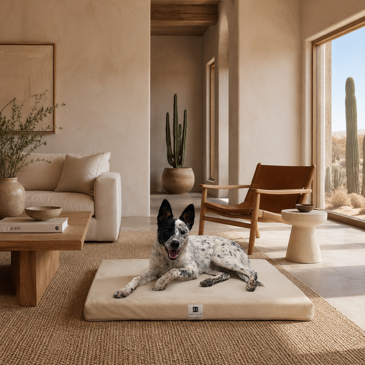 Animals Matter Ali Jewel Waterproof Companion-Pedic Latex Crate Pad waterproof orthopedic dog crate pad in camel, featuring a spotted dog in a desert modern living room.