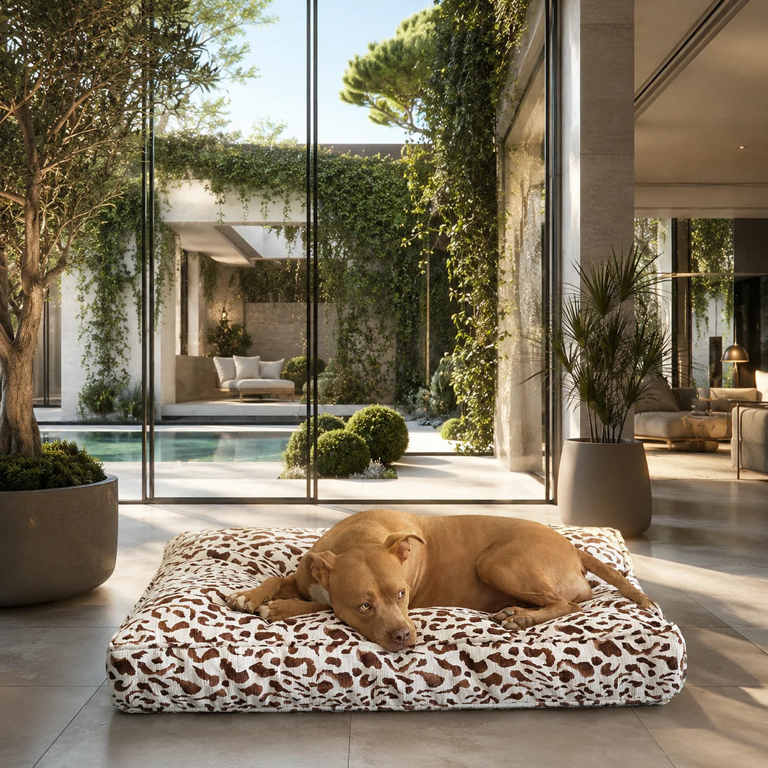 Animals Matter Animal Print Floor Pillow Chocolate Leopard luxury dog bed in a sunlit indoor-outdoor living room, featuring a tan Companion resting on a plush leopard-print floor pillow.