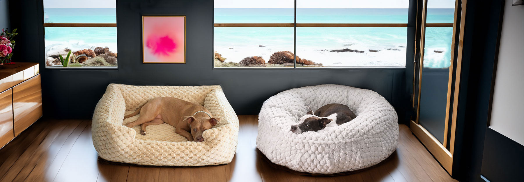 A picture of Roxy on the Katie Puff Encore Lounger and Ruby on the Katie Puff Encore Puff in a luxe home with a beach view 


