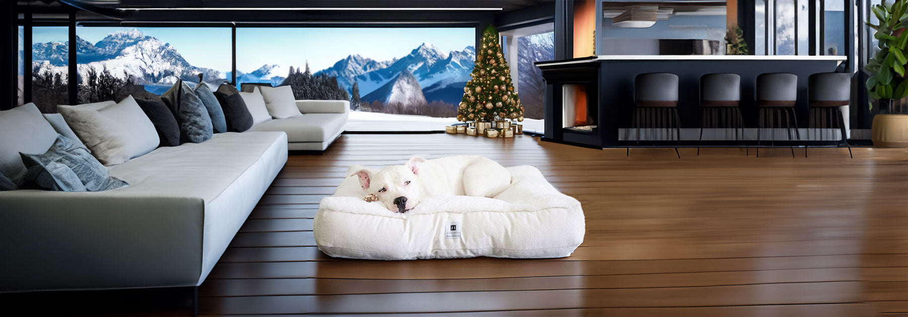 Hudson laying in the Ruby Puff® Ortho Square Companion-Pedic® Luxury Faux Fur Dog Bed in a beautiful winter luxe home with open views of the mountains 
