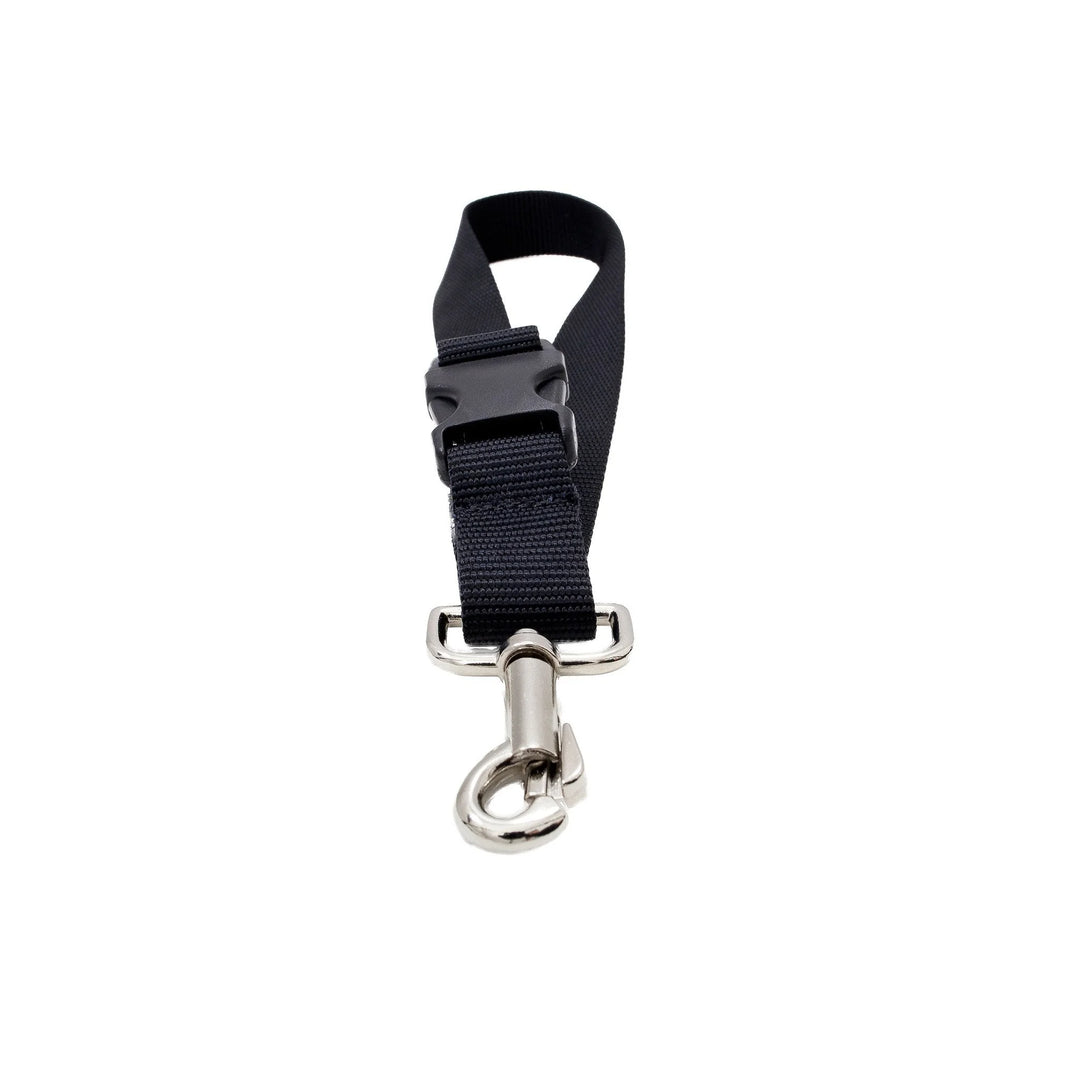 Animals Matter Booster Dog Car Seat Attachment dog car seat safety strap, showing a black adjustable nylon tether with buckle and metal snap clip on white background.
