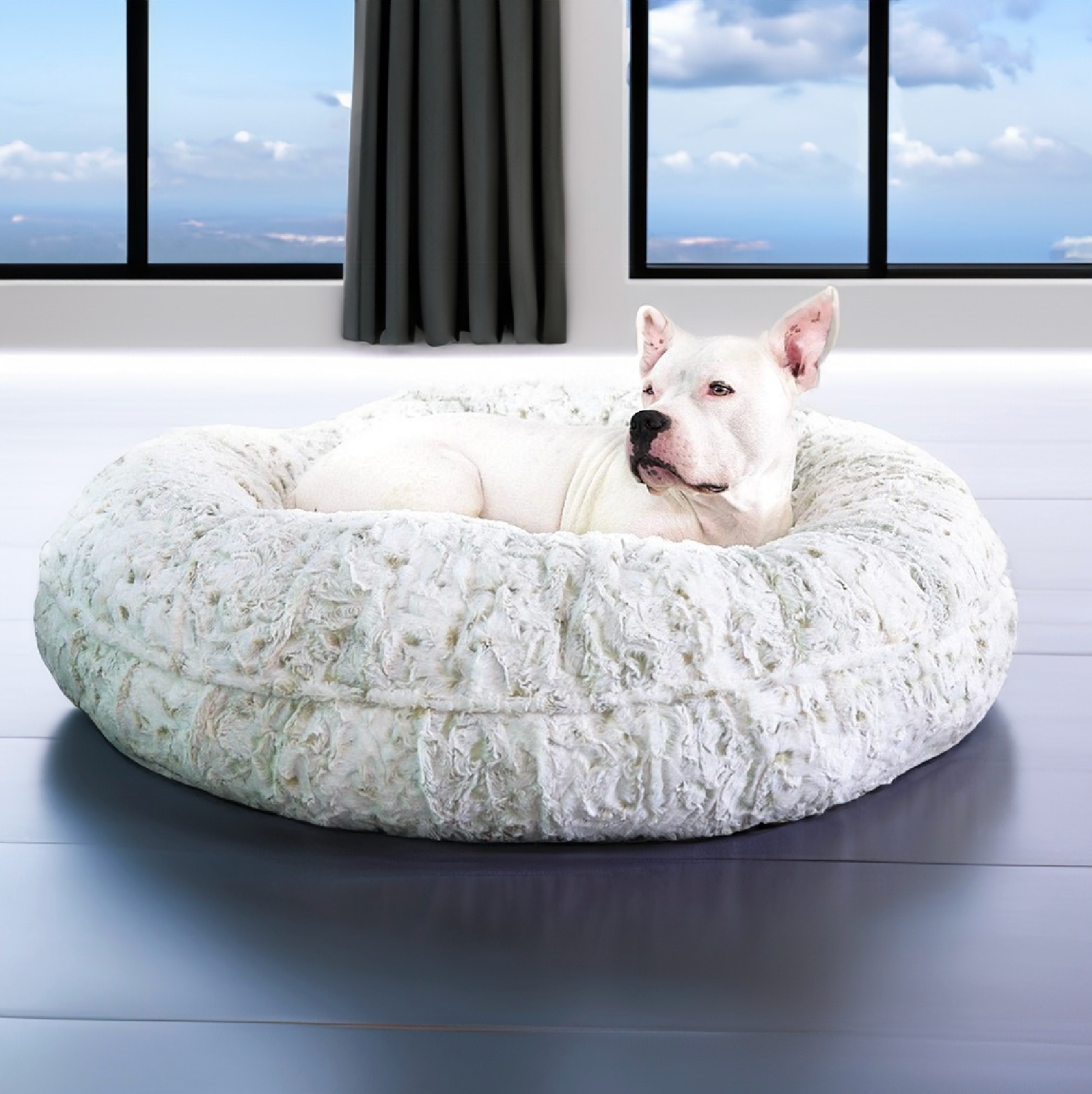 Ruby Laying in her New Animals Matter pearl leopard donut luxury dog bed