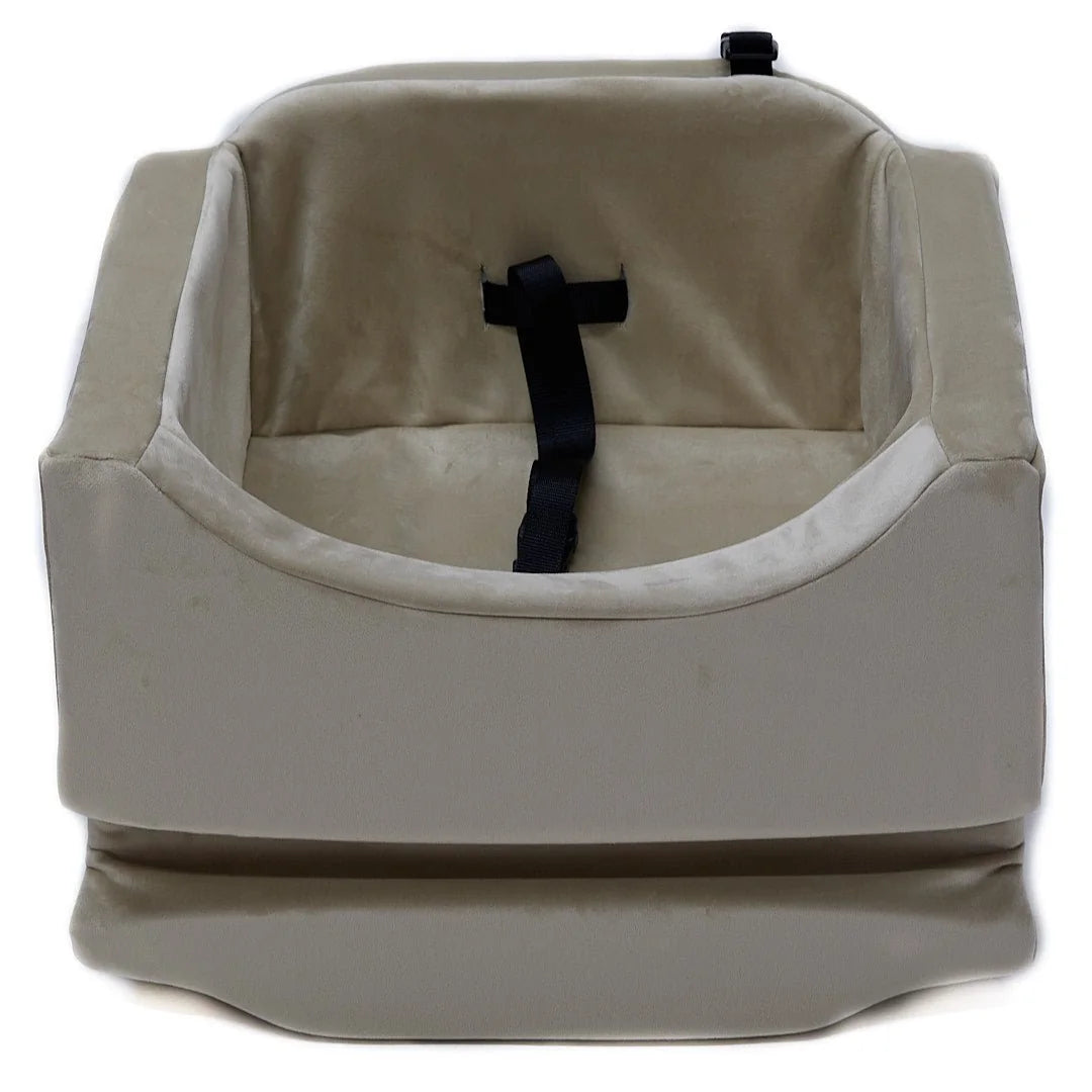 Animals Matter Companion Car Seat 2X - Camel luxury dog car seat on a white studio background, featuring plush camel fabric and a black safety tether.