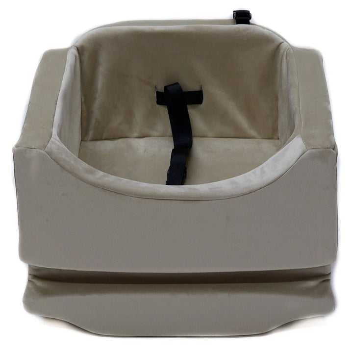Animals Matter Companion Car Seat 2X - Camel luxury dog car seat on a white studio background, featuring plush camel fabric and a black safety tether.