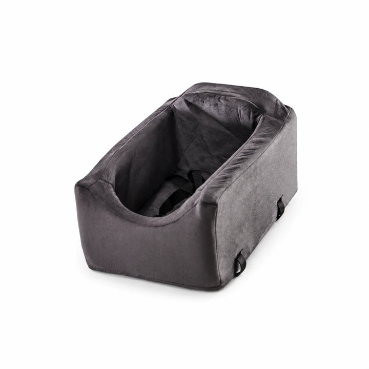 Animals Matter Companion Car Seat Console dog car seat console in charcoal, showing an angled product view of the padded console seat with interior safety straps on a white background.