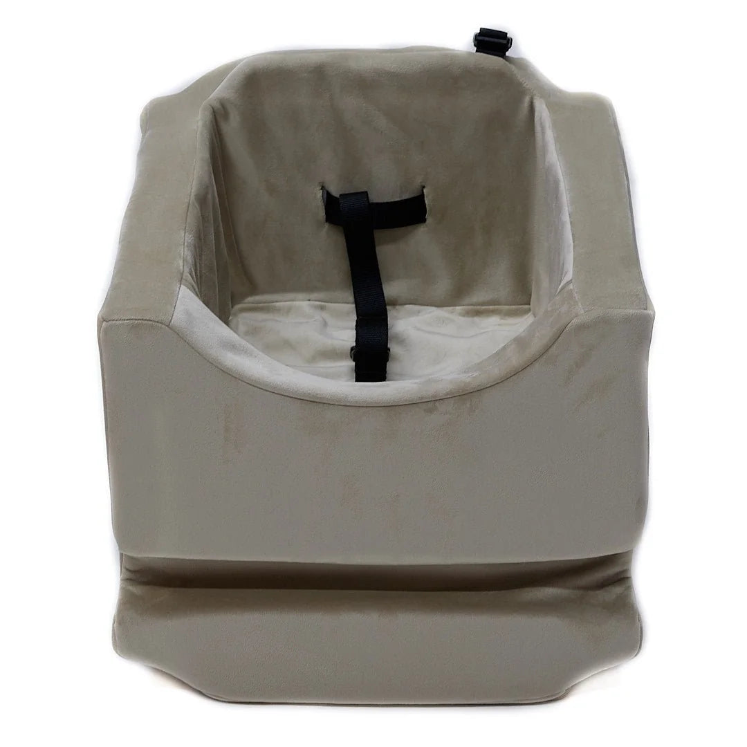 Animals Matter Companion Car Seat Standard - Camel luxury dog car seat on a white studio background, featuring plush camel fabric and a black safety tether.