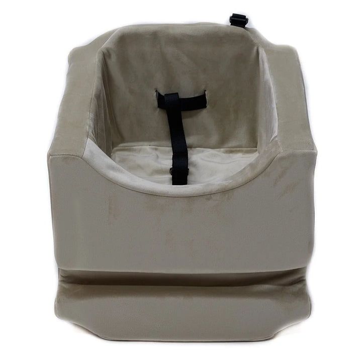 Animals Matter Companion Car Seat Standard - Camel luxury dog car seat on a white studio background, featuring plush camel fabric and a black safety tether.