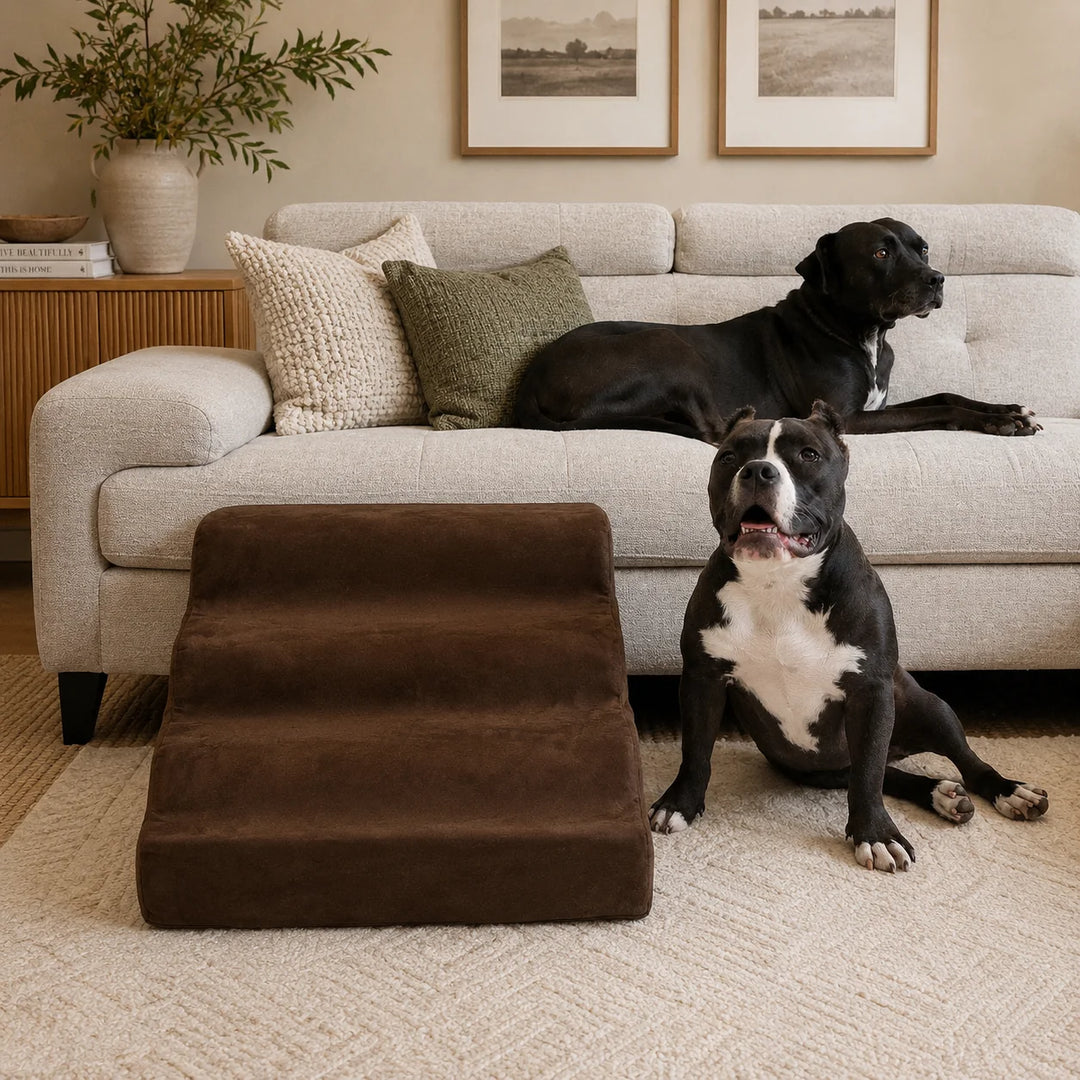 Animals Matter Companion Ramp luxury dog sofa ramp in chocolate, featuring a brown upholstered pet ramp beside two black dogs in a warm neutral living room.