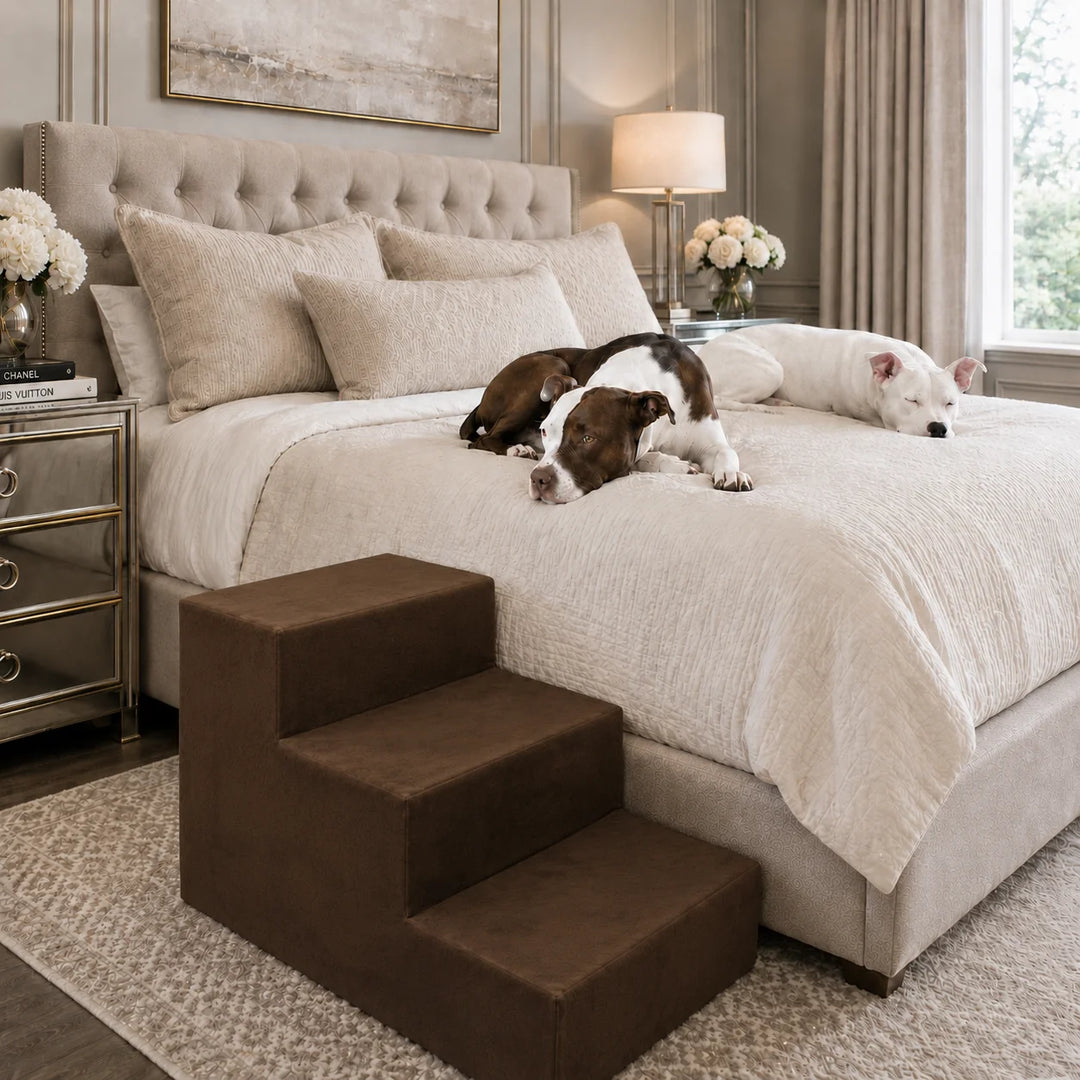 Animals Matter Companion Stairs 3 Step Chocolate luxury dog stairs in an elegant bedroom, featuring two Companions resting on a cream bed beside chocolate pet steps.