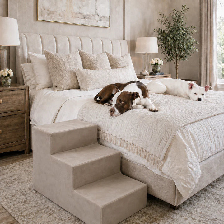 Animals Matter Companion Stairs 3 Step Stone luxury dog stairs in an elegant bedroom, featuring two Companions resting on a cream bed beside stone pet steps.