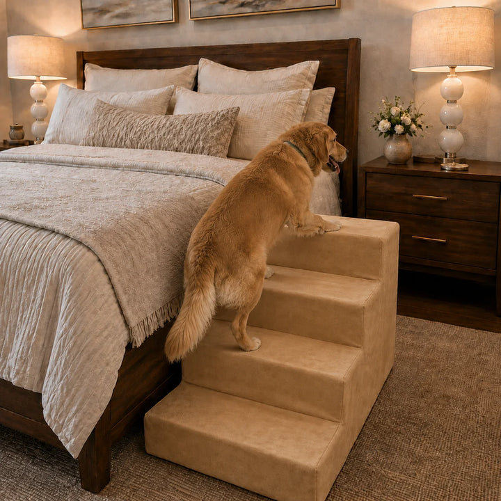 Animals Matter Companion Stairs 4 Step Camel luxury dog stairs in a warm bedroom, featuring a golden Companion using camel pet steps beside the bed.