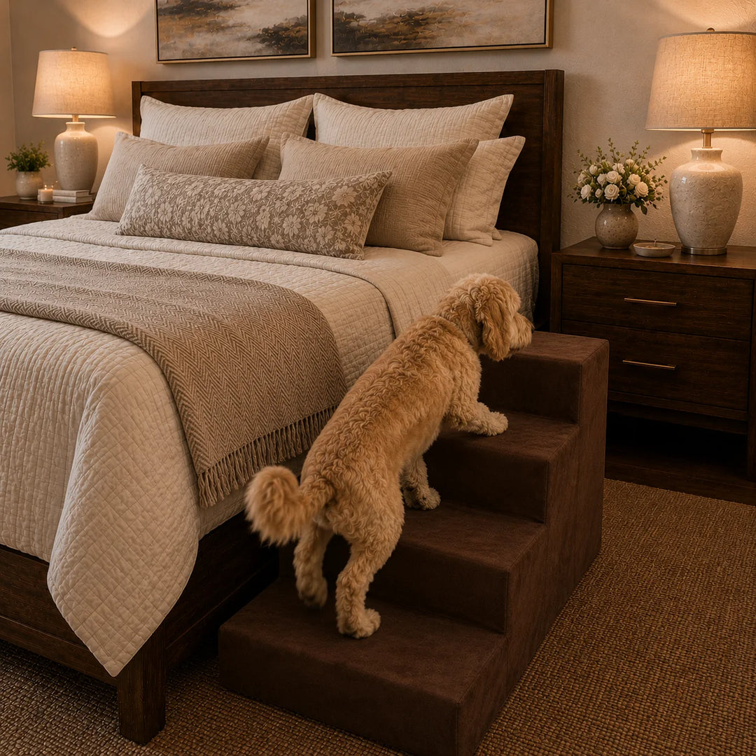 Animals Matter Companion Stairs 4 Step Chocolate luxury dog stairs in a warm bedroom, featuring a curly Companion using chocolate pet steps beside the bed.