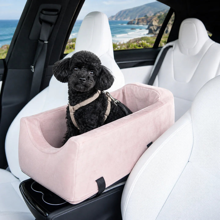 Animals Matter Companion Console Car Seat in Ice Pink inside a white luxury SUV, featuring a black toy poodle with a coastal view.