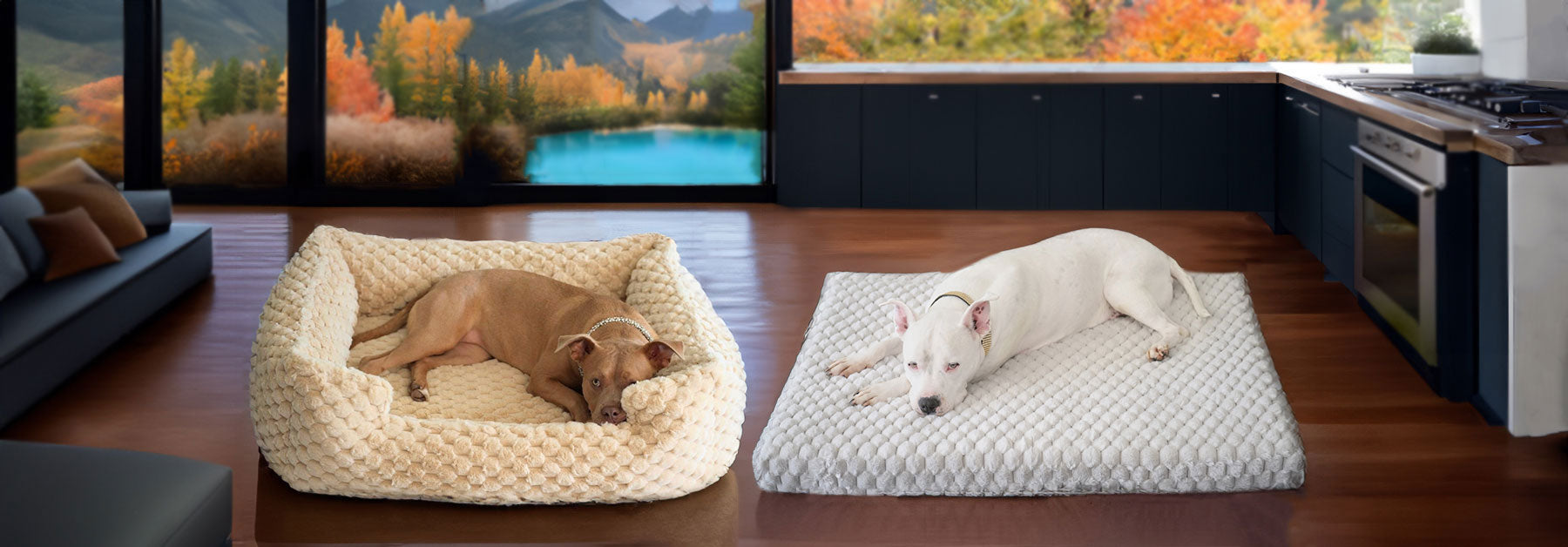 A picture of Roxy in the New: Katie Puff® Encore Companion-Pedic® Ortho Lounger in camel   and Hudson next to her on his Katie Puff® Ortho Rectangle Companion-Pedic® in pearl gray, you see a mountain landscape filled with trees during fall season with orange and yellow leaves and a beautiful lake with crystal clear water 
