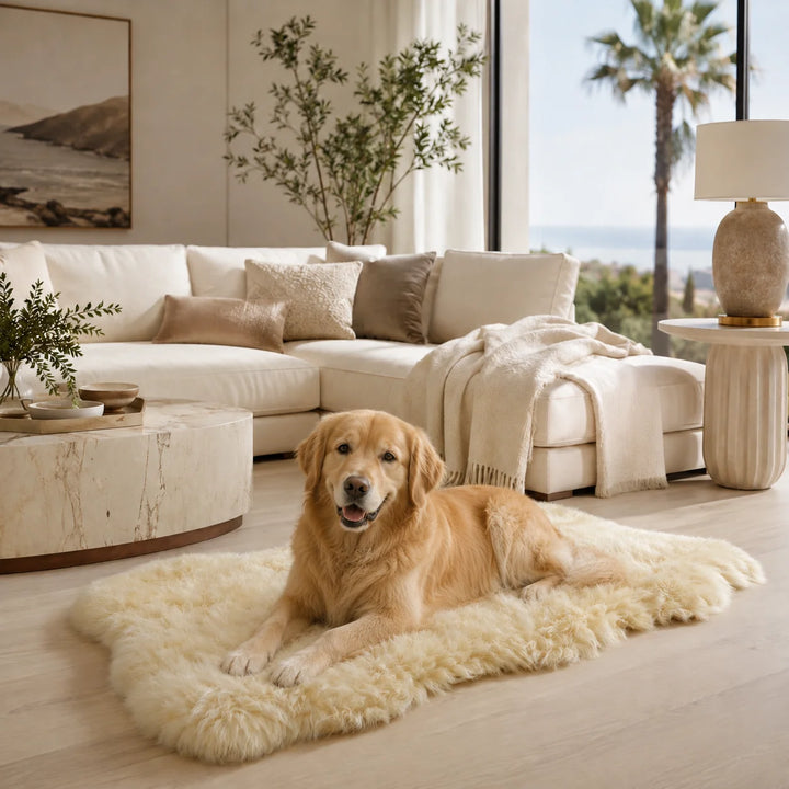 Animals Matter Faux Fur Ortho Shag Rug luxury orthopedic dog rug in Camel, featuring a golden Companion resting on plush faux fur in a coastal living room.