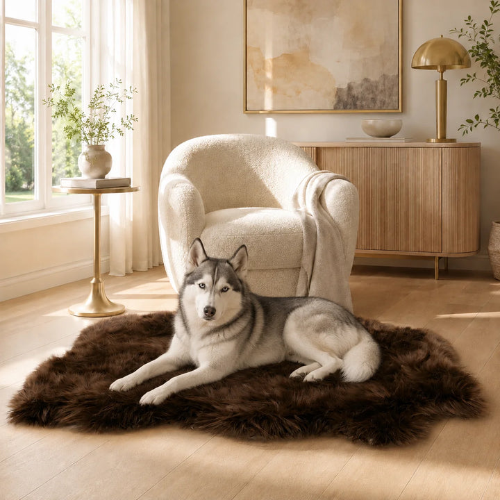 Animals Matter Faux Fur Ortho Shag Rug luxury orthopedic dog rug in Chocolate, featuring a husky Companion relaxing on rich faux fur in a sunlit room.