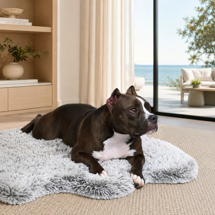 Animals Matter Faux Fur Ortho Snug Rug luxury orthopedic dog rug in a modern coastal room with a black-and-white Companion on plush gray faux fur.