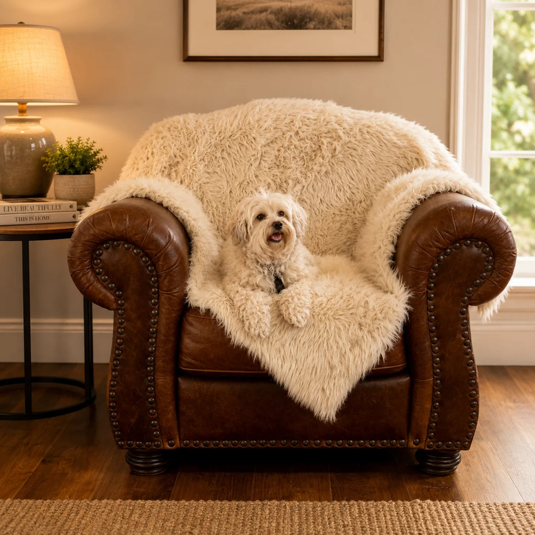 Animals Matter Faux Fur Shag Blanket in camel, featuring a Companion relaxing on a plush faux fur chair cover in a warm living room.