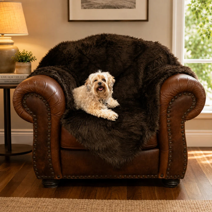 Animals Matter Faux Fur Shag Blanket in chocolate, featuring a Companion relaxing on a plush faux fur chair cover in a warm living room.
