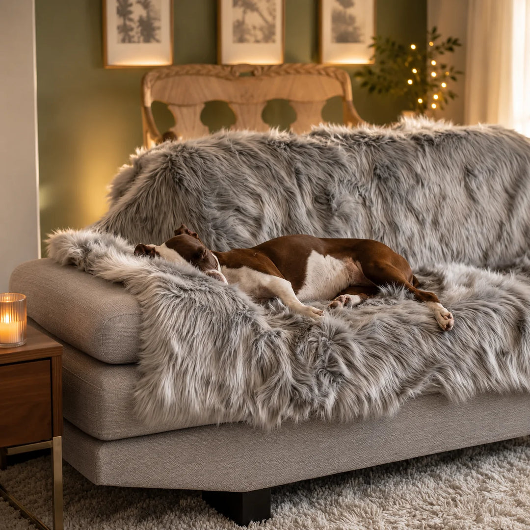 Animals Matter Faux Fur Shag Blanket in gray, featuring a Companion sleeping on a plush faux fur sofa throw in a cozy living room.