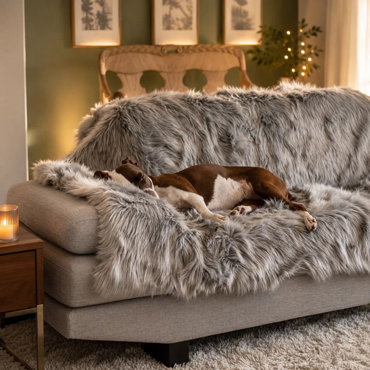 Animals Matter Faux Fur Shag Blanket in gray, featuring a Companion sleeping on a plush faux fur sofa throw in a cozy living room.