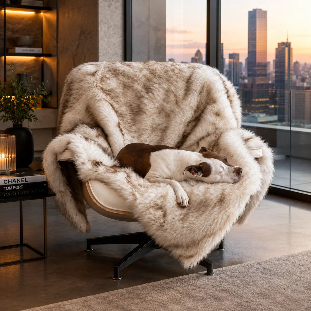 Animals Matter Faux Fur Shag Blanket in white with brown tips, featuring a Companion sleeping on a plush chair in a city-view living room.