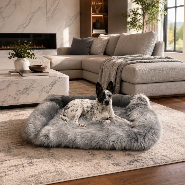 Animals Matter Faux Fur Shag Sydney Companion-Pedic Gray luxury orthopedic dog bed in a modern living room, featuring a spotted Companion on a plush gray faux fur bed.