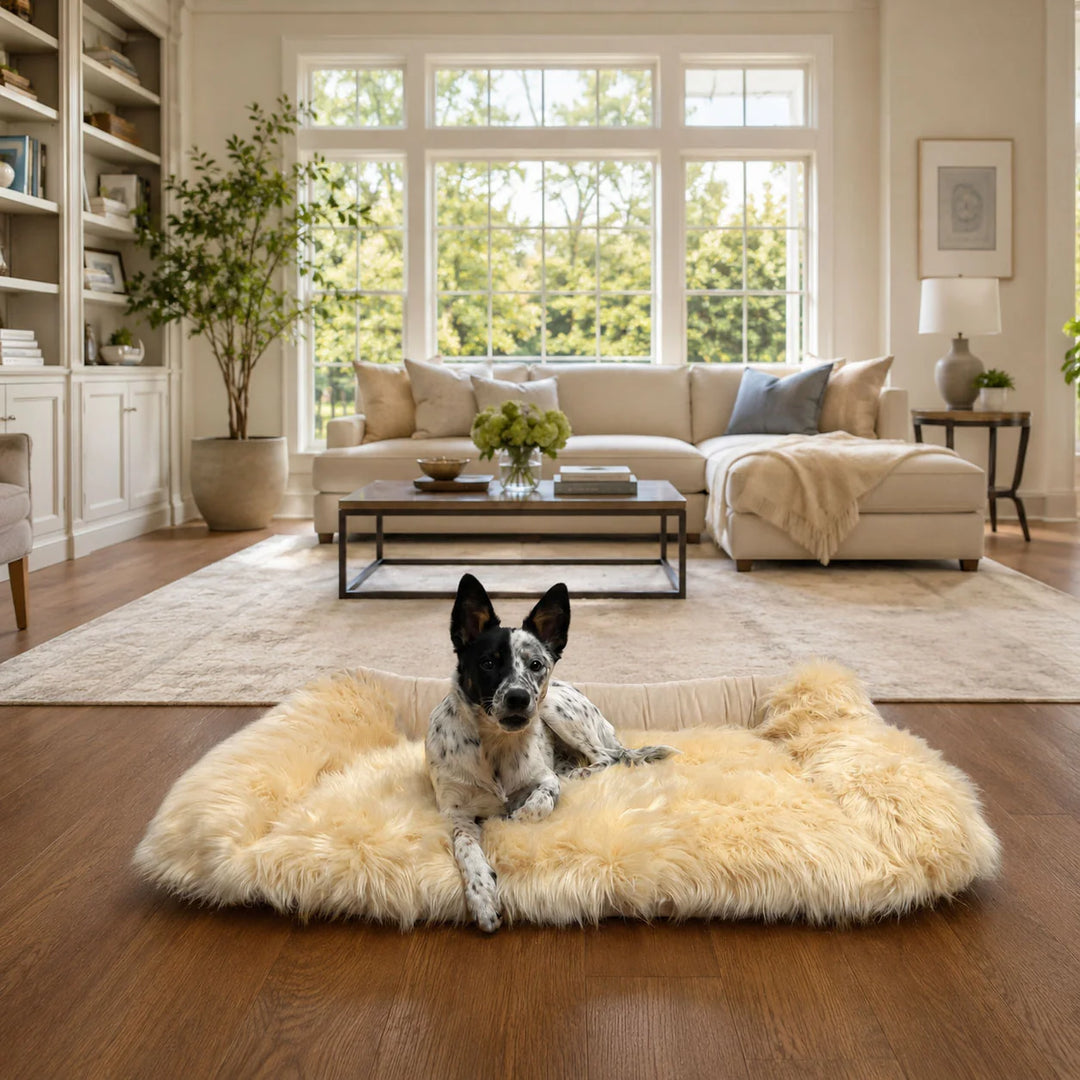 Animals Matter Faux Fur Shag Sydney luxury faux fur dog bed in Camel, featuring a spotted Companion relaxing in a plush bed in a bright living room.