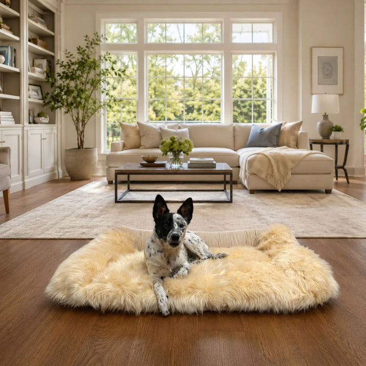Animals Matter Faux Fur Shag Sydney luxury faux fur dog bed in Camel, featuring a spotted Companion relaxing in a plush bed in a bright living room.