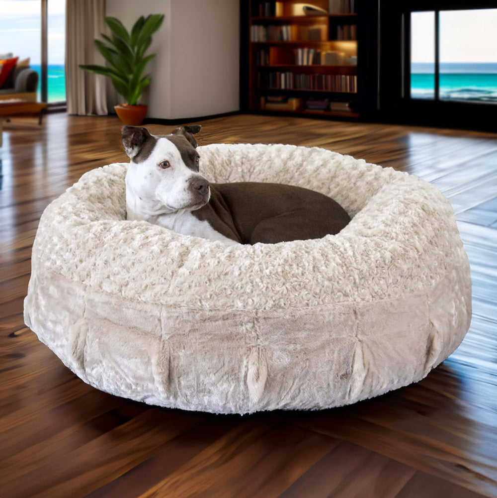 Ruby relaxing in the Katie Puff® Ortho Companion-Pedic® Luxury Dog Bed - Animals Matter, Inc. in Camel 