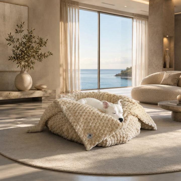 Animals Matter Katie Encore Blanket plush faux fur dog blanket in camel, draped over a bed with a white Companion resting in a serene ocean-view room.