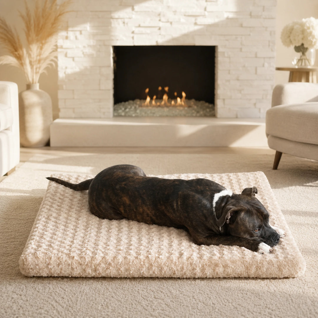 Animals Matter Katie Ortho Rectangle luxury orthopedic dog bed in camel faux fur, featuring a brindle Companion resting by a modern fireplace.