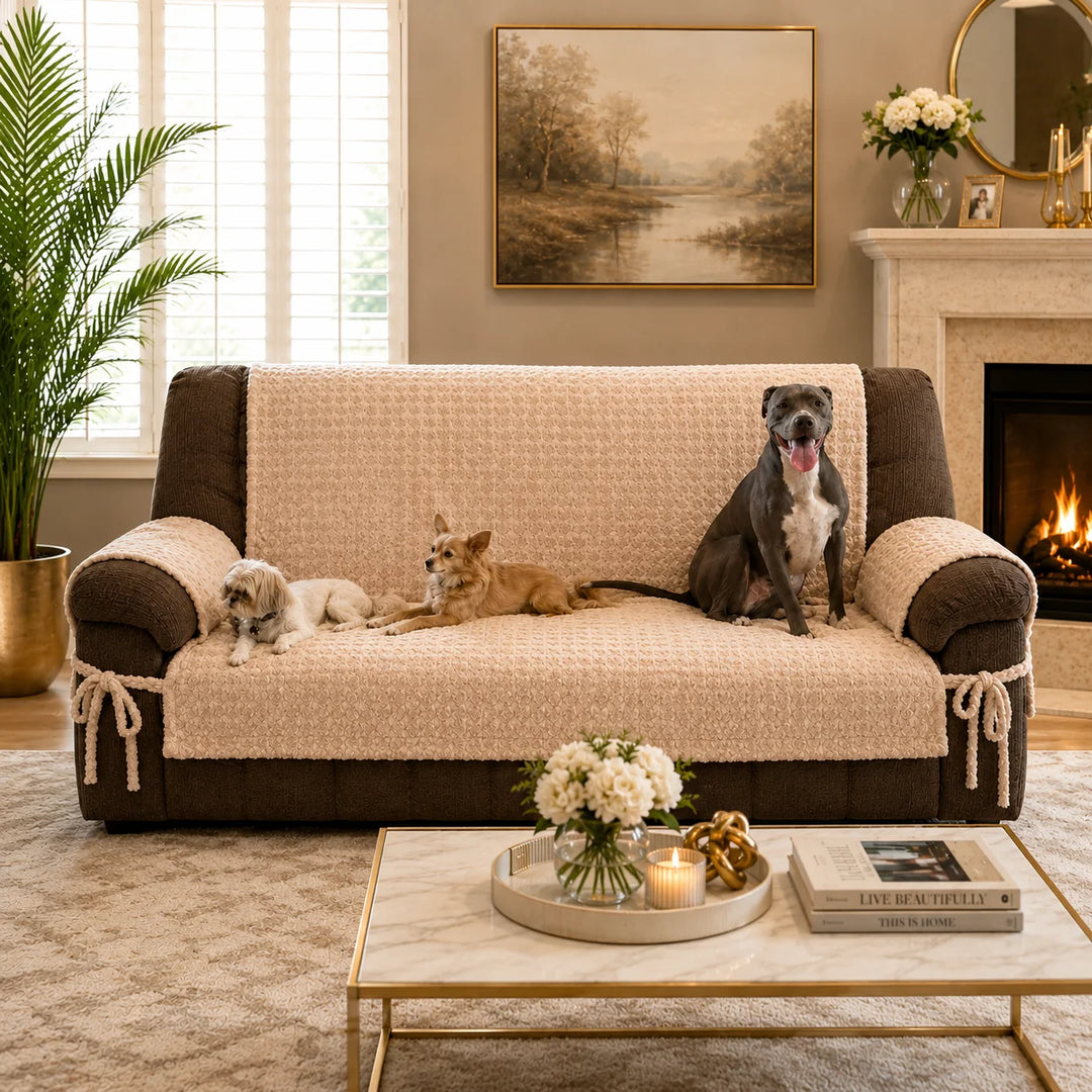 Animals Matter Katie Puff Fitted Furniture Protector in camel, featuring three Companions on a protected sofa in an elegant living room.