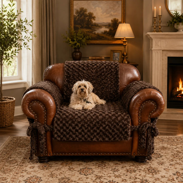 Animals Matter Katie Puff Fitted Furniture Protector in chocolate, featuring a Companion on a protected leather chair by a cozy fireplace.