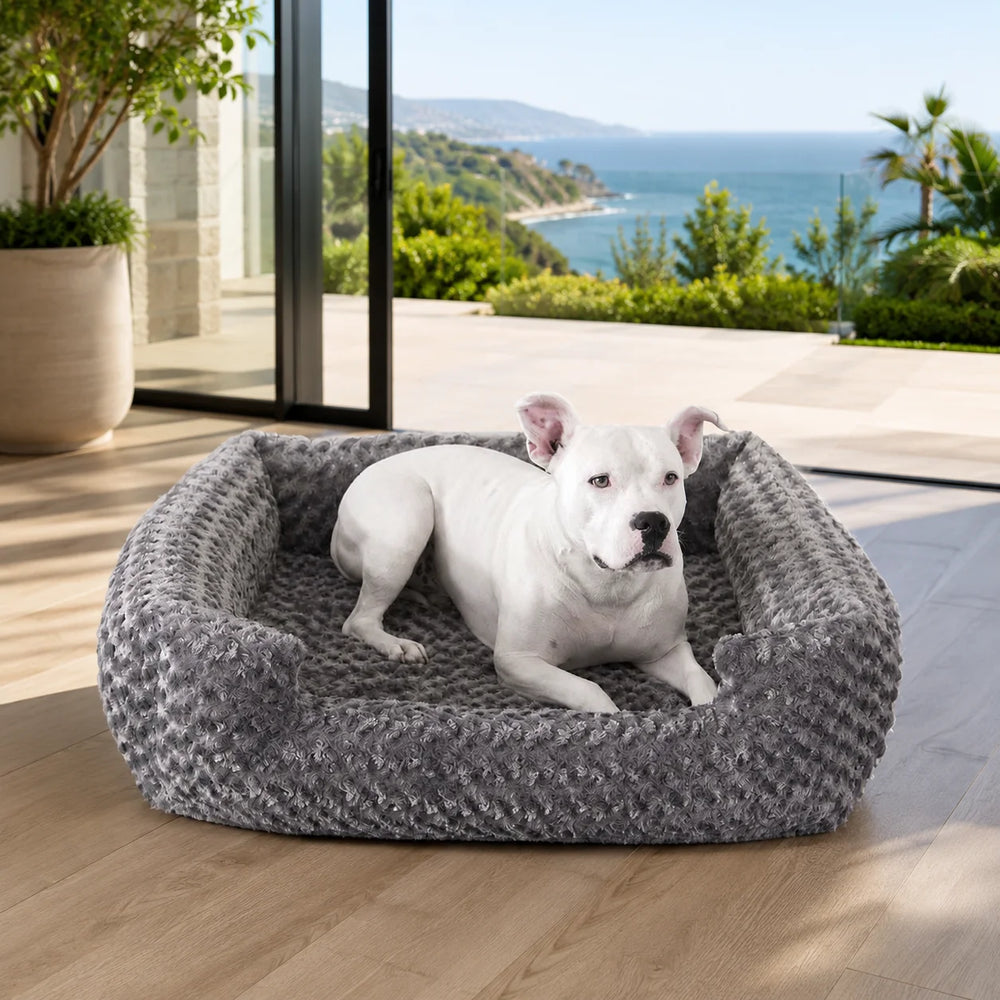 Animals Matter gray plush dog bed in a luxury coastal home, featuring a white dog resting on a textured lounger with ocean views and greenery.