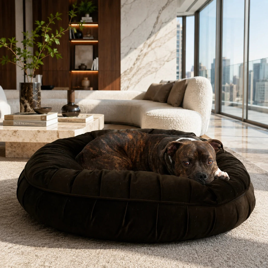 Animals Matter L.A. Dog Company® Ali Donut® Espresso luxury donut dog bed in a desert modern home, featuring a white Companion lounging in a dark brown bed.